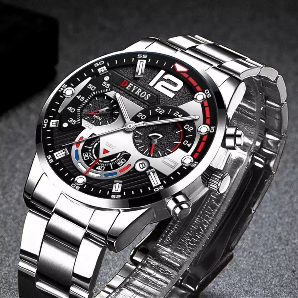 New Silver Chronograph Mens Sport Quartz Waterproof Luxury Stainless Steel Watch - Picture 5 of 13